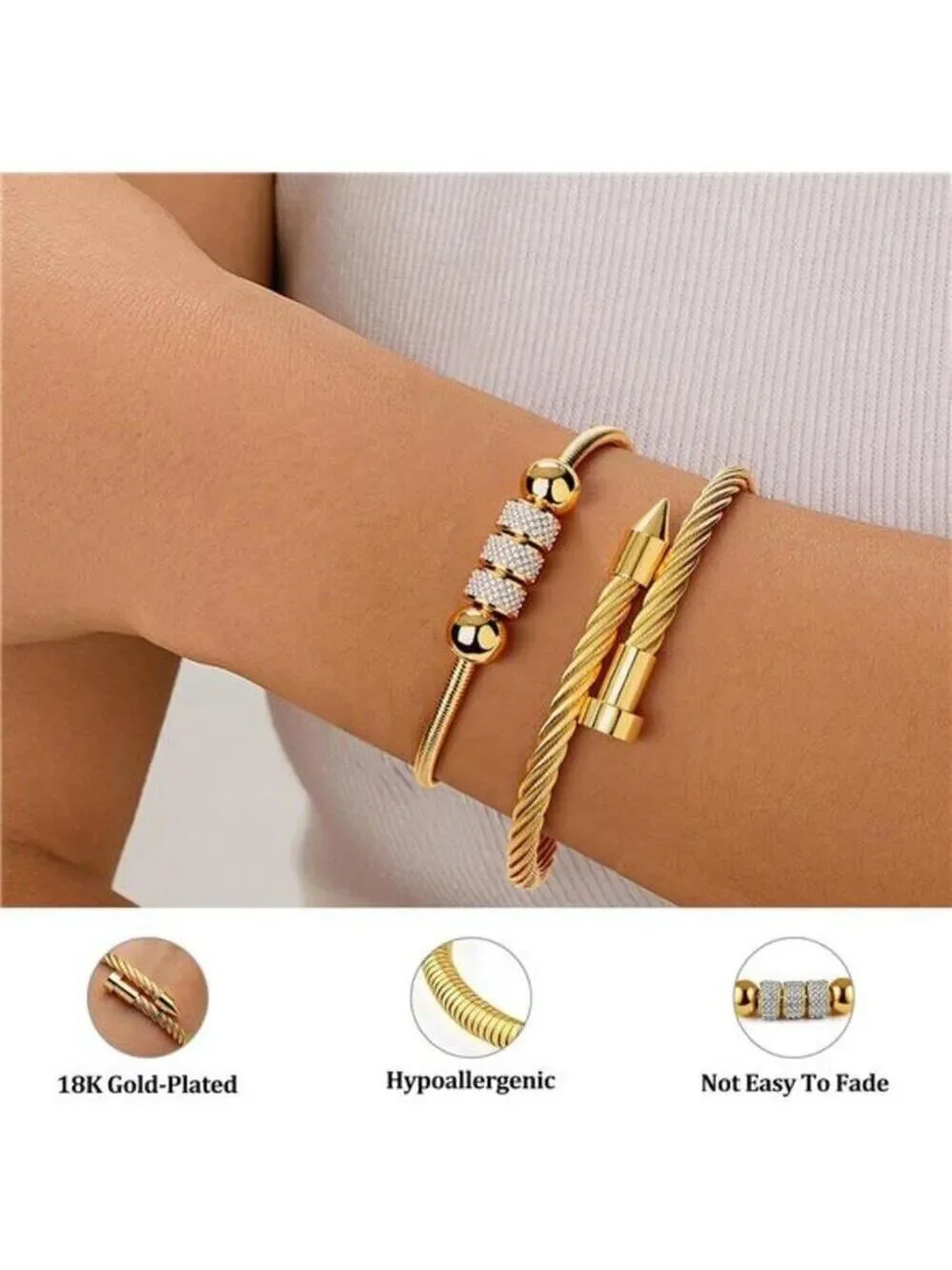 18K Gold Plated Nail Bracelet Set, Adjustable Stackable Bangles for Women 2 Pcs.